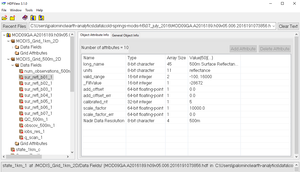 An example of the MODIS HDF4 file structure containing data objects for each surface reflectance band.