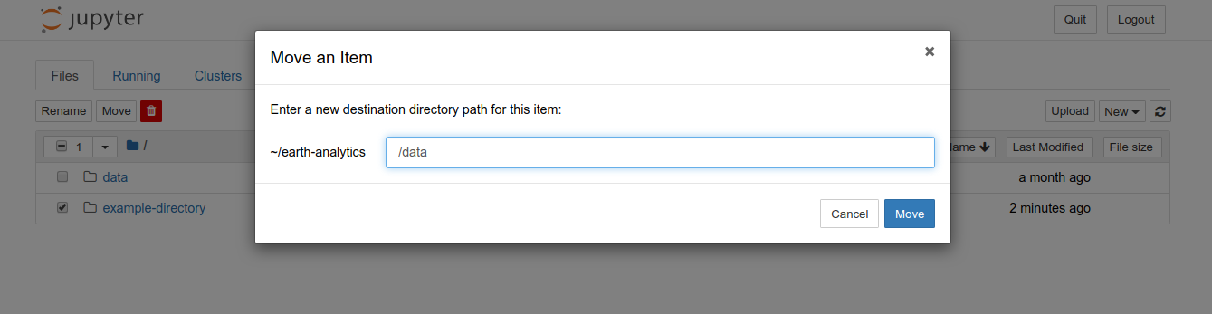 You can move a directory by selecting the checkbox to the left of the directory name and then clicking on the option Move. A new window will open for you to specify the new path for the directory.