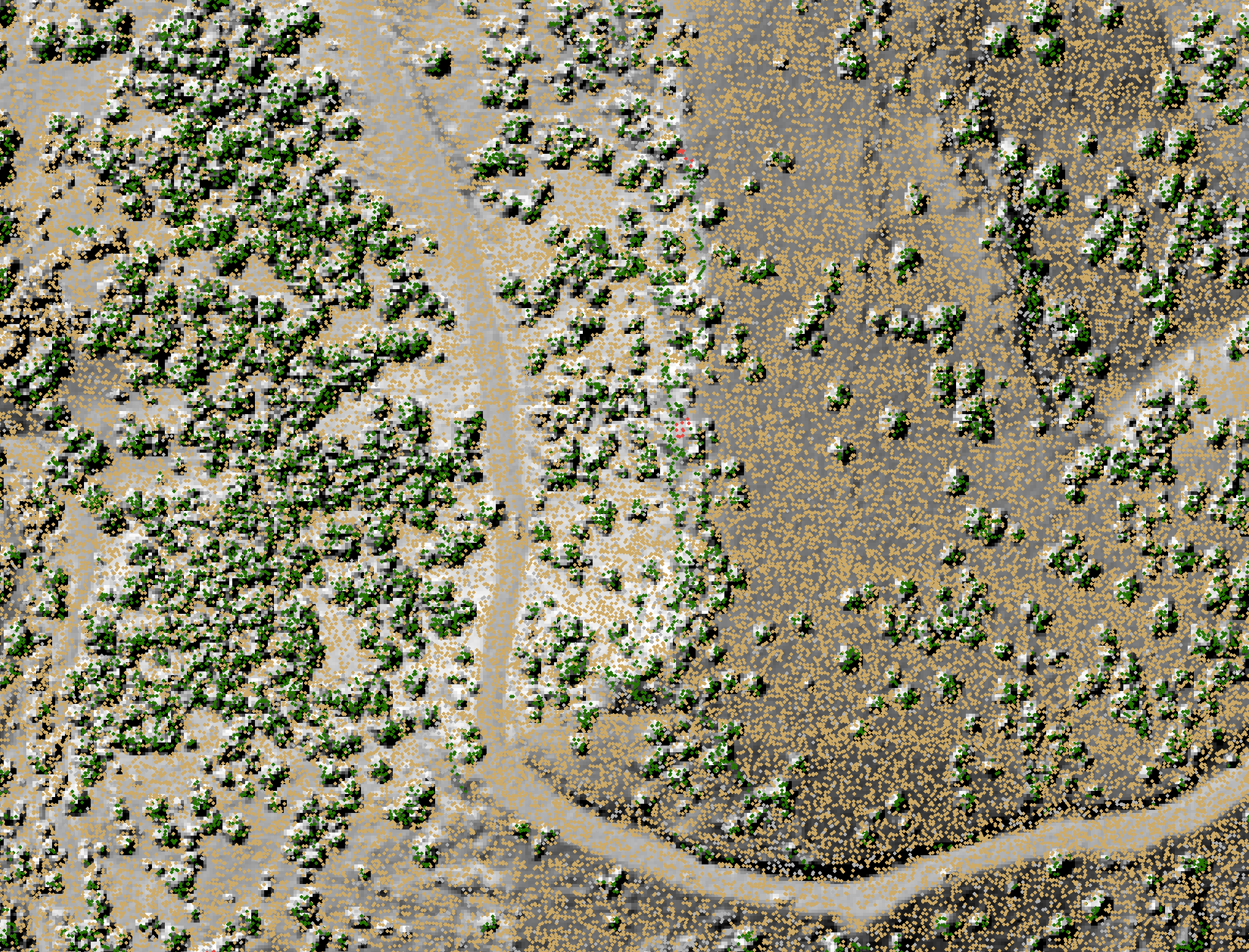 LEFT: Lidar data points overlayed on top of a hillshade which represents elevation in a graphical 3-dimensional view. RIGHT: If you zoom in on a portion of the data, you will see that the elevation data consists of cells or pixels, And there are lidar data points that fall within most of the pixels.