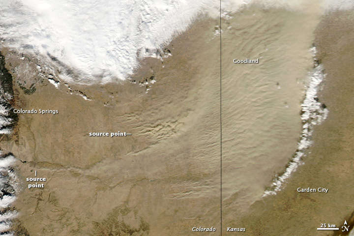 MODIS satellite image of a dust storm caused by drought in Colorado