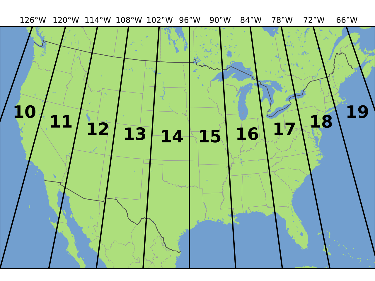 The UTM zones across the continental United States. Source: Chrismurf, wikimedia.org.