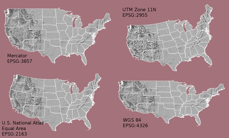 Maps of the United States in different CRS including Mercator (upper left), Albers equal area (lower left), UTM (Upper RIGHT) and WGS84 Geographic (Lower RIGHT). Notice the differences in shape and orientation associated with each CRS. These differences are a direct result of the calculations used to flatten the data onto a two dimensional map. Source: opennews.org