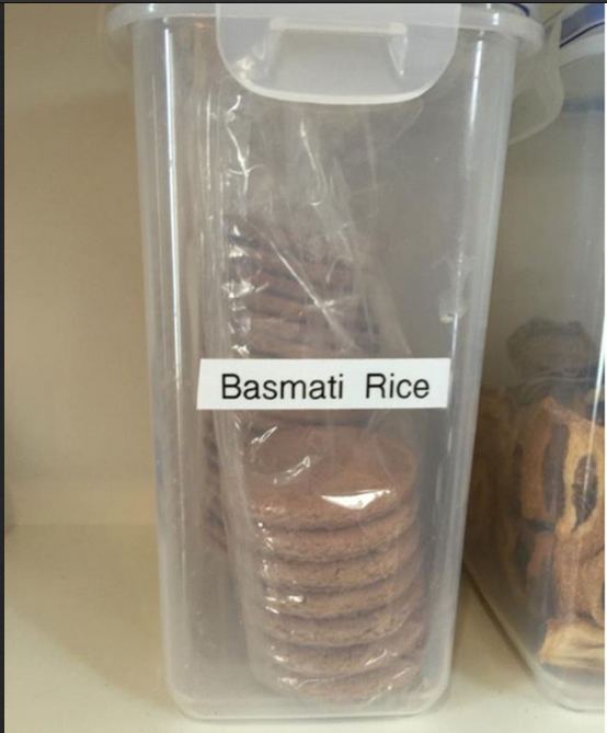 basmati rice label on cookie container.