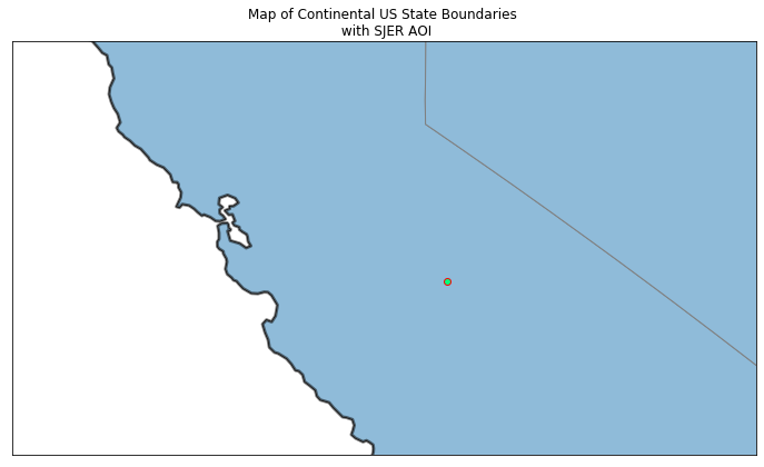 A plot of the US states zoomed into with a point overlayed on top.