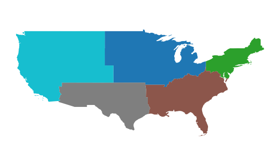 You can dissolve the boundaries between polygons based on an attribute label, such as region, as shown in this example.